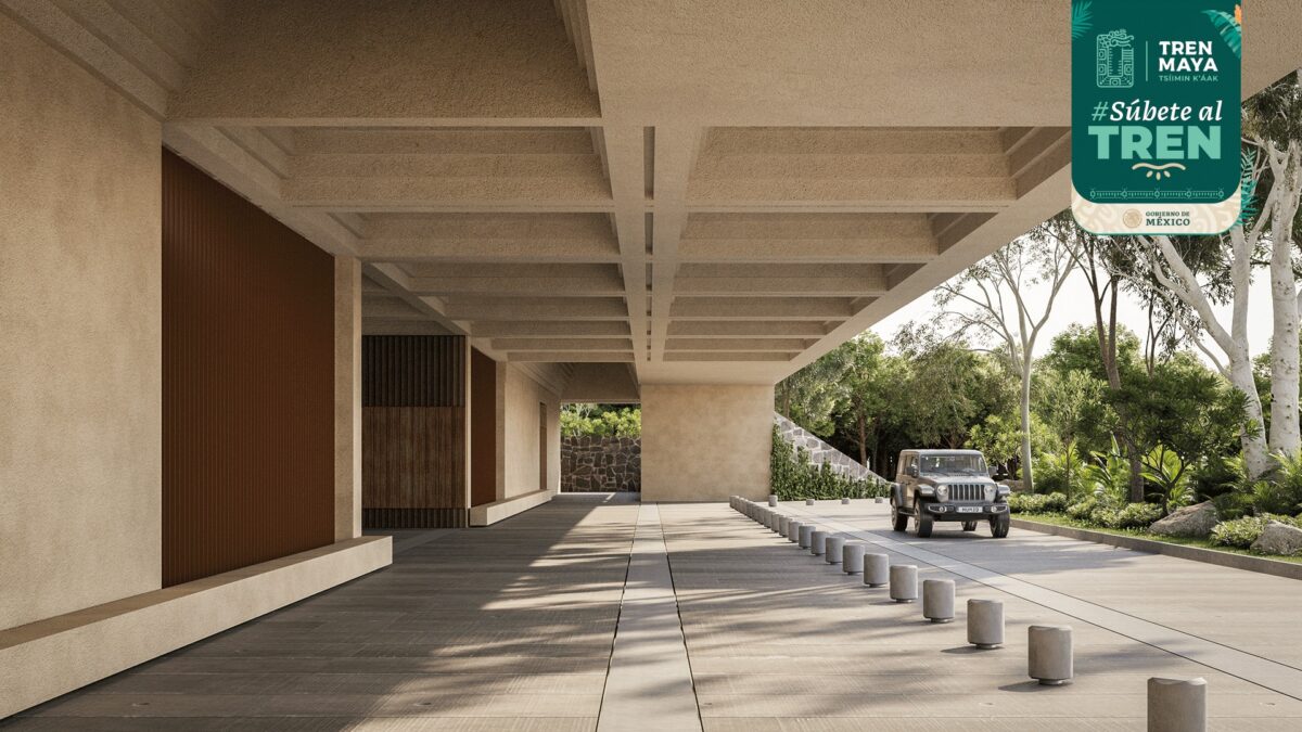 llegada, estacionamiento, diseño arquitectónico, chukum, imágenes del Tren Maya